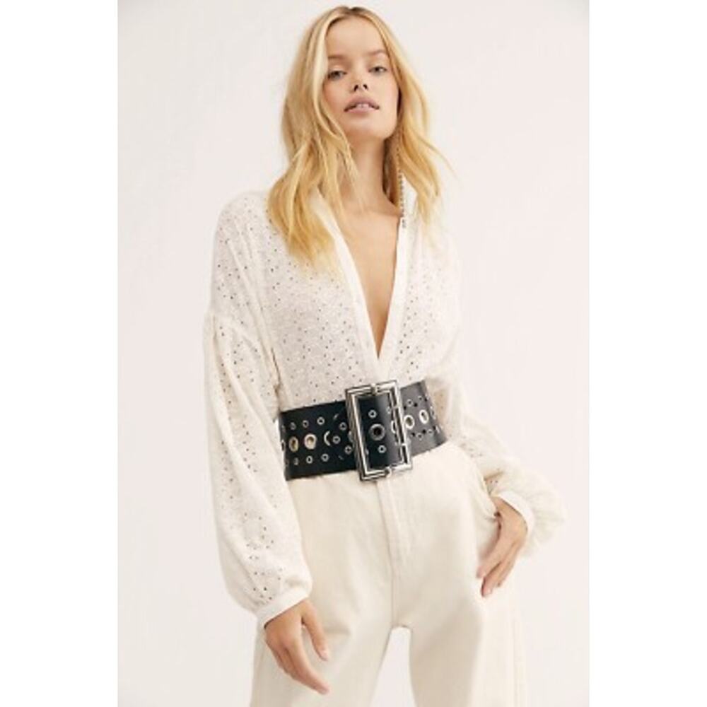 Free People Maddison Eyelet Cotton Blouse Ivory white Oversized Balloon XL - Picture 5 of 15